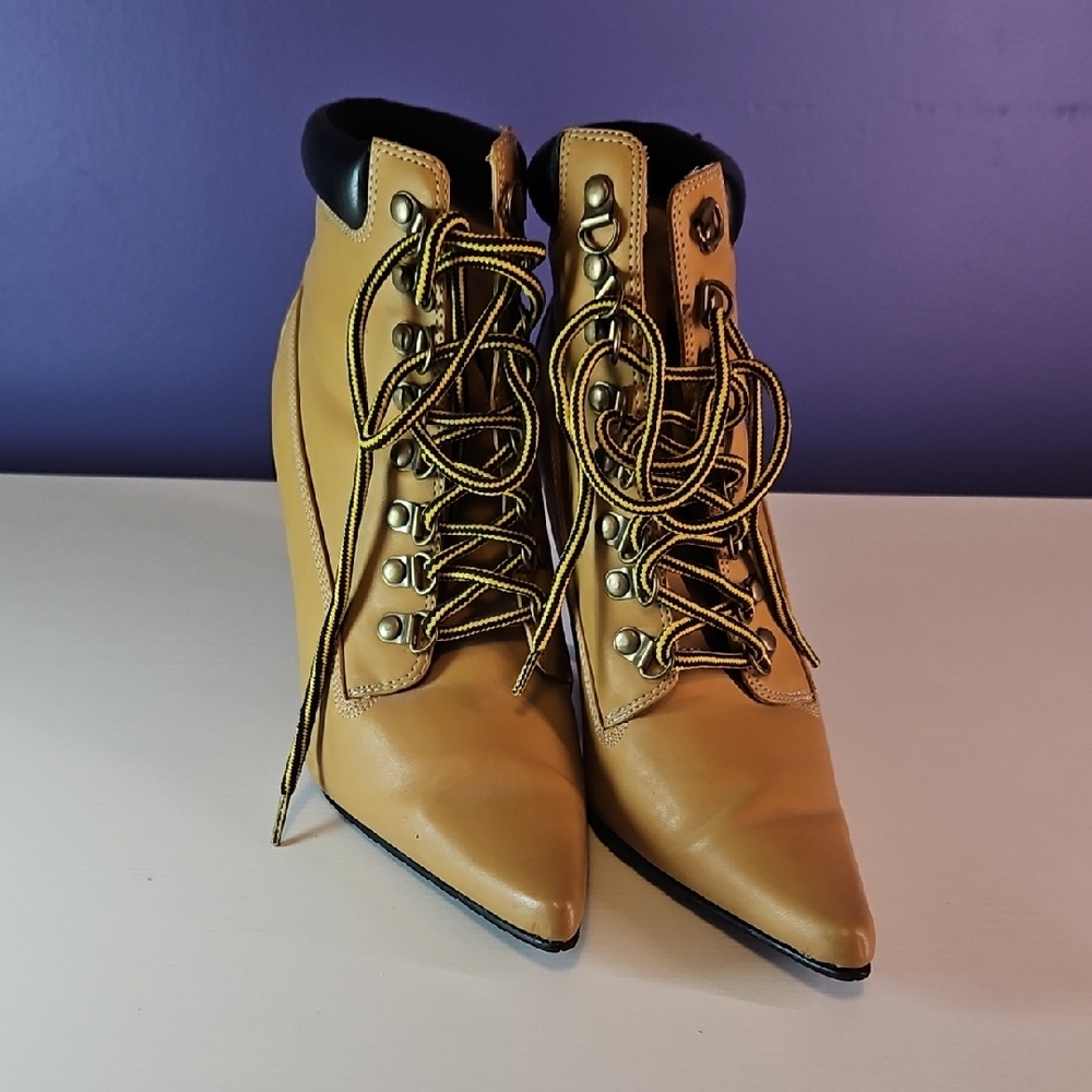 Lace-Up Ankle Booties – Work Boot Inspired Stiletto Heels – Statement Shoes
